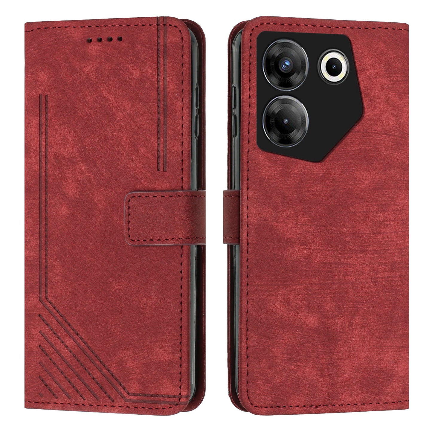 Uniqkart for Tecno Camon 20 Pro 5G Lines Imprinted Stand Wallet Anti-drop Leather Phone Cover with Shoulder Strap - Red
