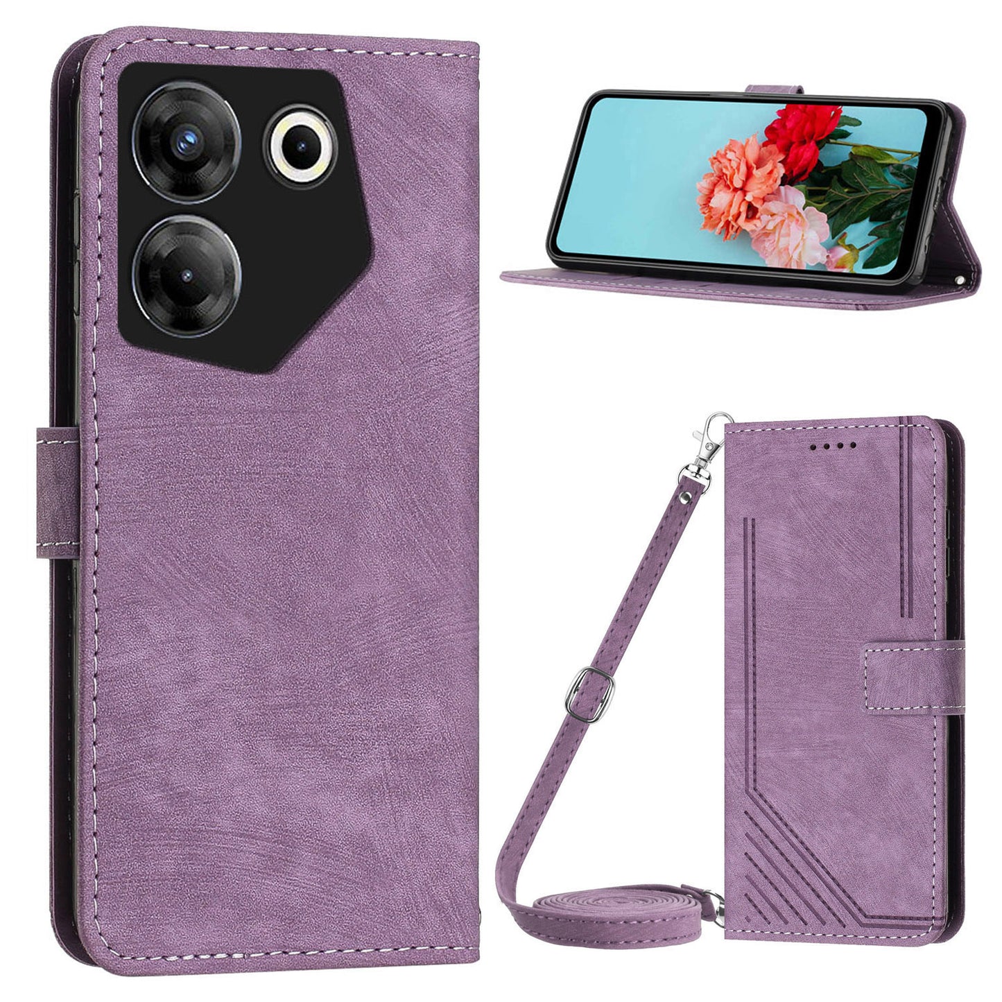 Uniqkart for Tecno Camon 20 Pro 5G Lines Imprinted Stand Wallet Anti-drop Leather Phone Cover with Shoulder Strap - Purple
