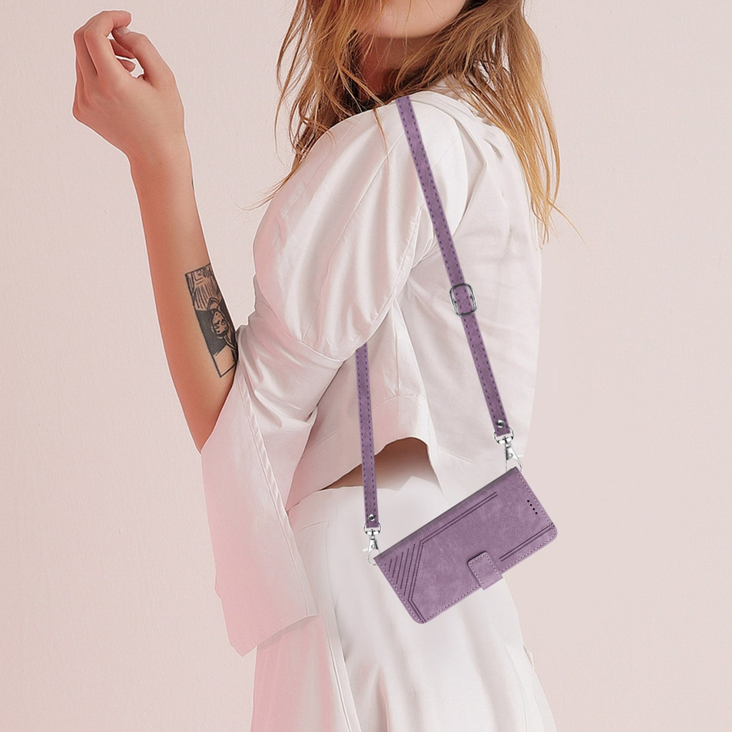 Uniqkart for Tecno Camon 20 Pro 5G Lines Imprinted Stand Wallet Anti-drop Leather Phone Cover with Shoulder Strap - Purple