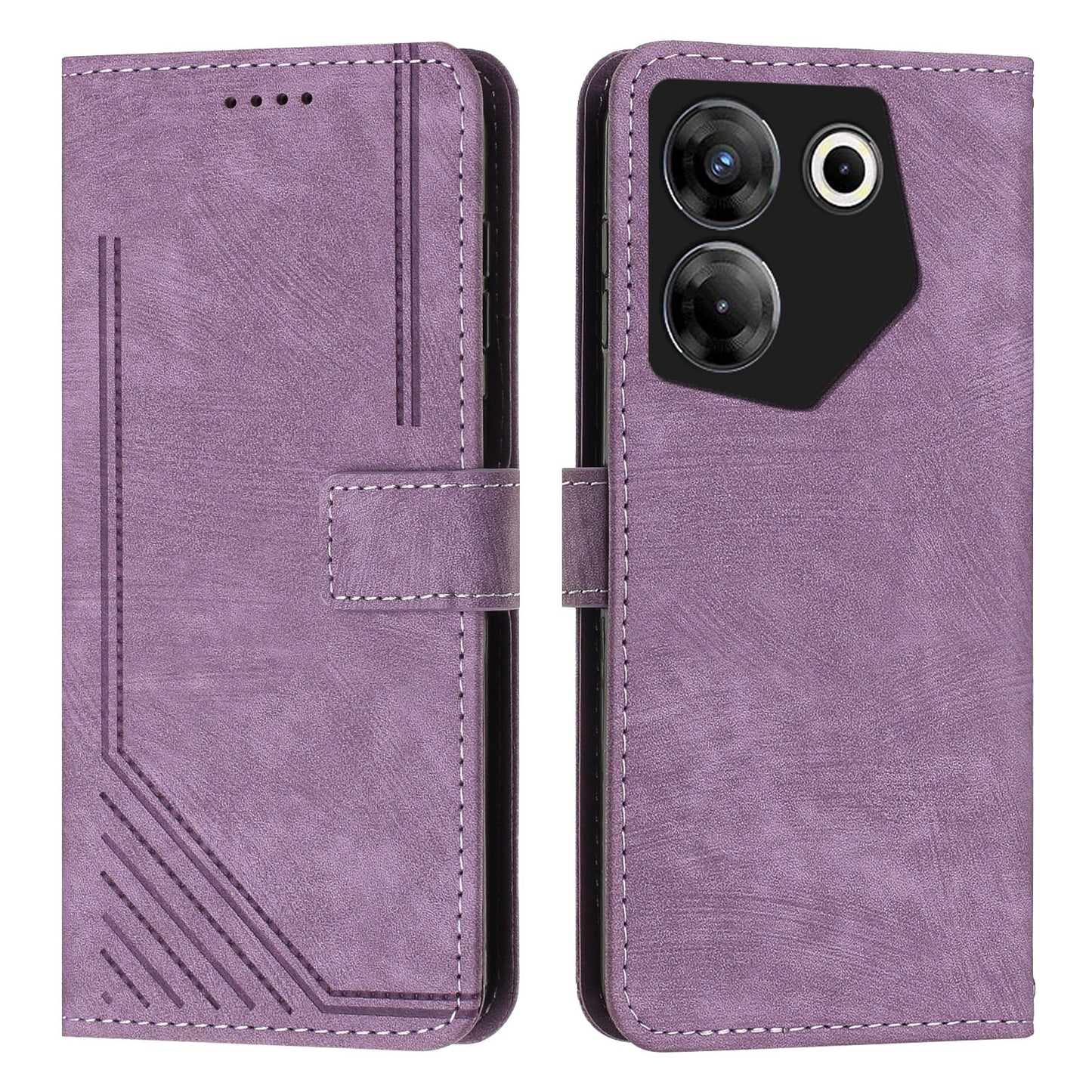 Uniqkart for Tecno Camon 20 Pro 5G Lines Imprinted Stand Wallet Anti-drop Leather Phone Cover with Shoulder Strap - Purple