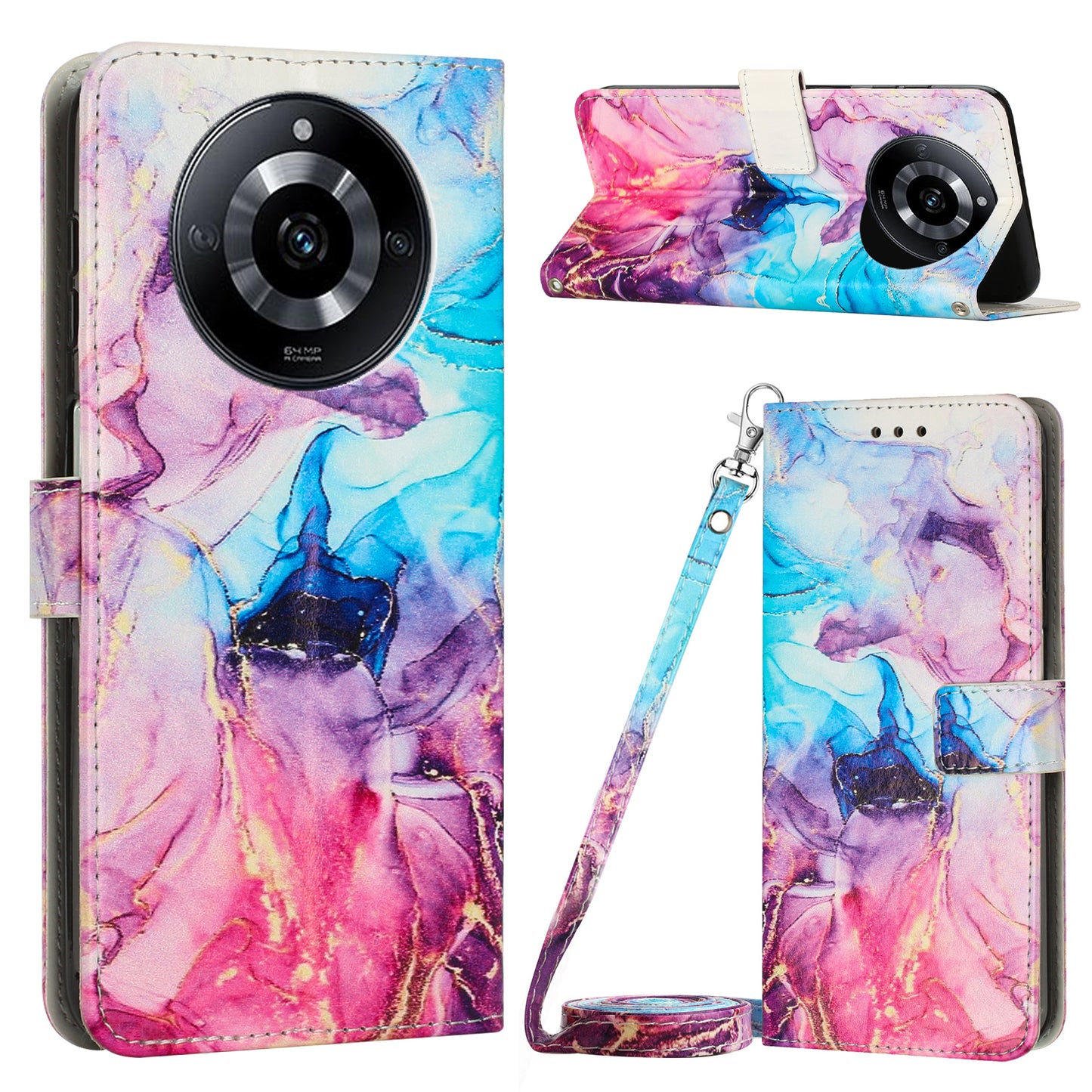 Leather Case for Realme 11 Pro 5G / 11 Pro+ 5G Marble Pattern Phone Wallet Stand Cover with Shoulder Strap - Pink / Purple