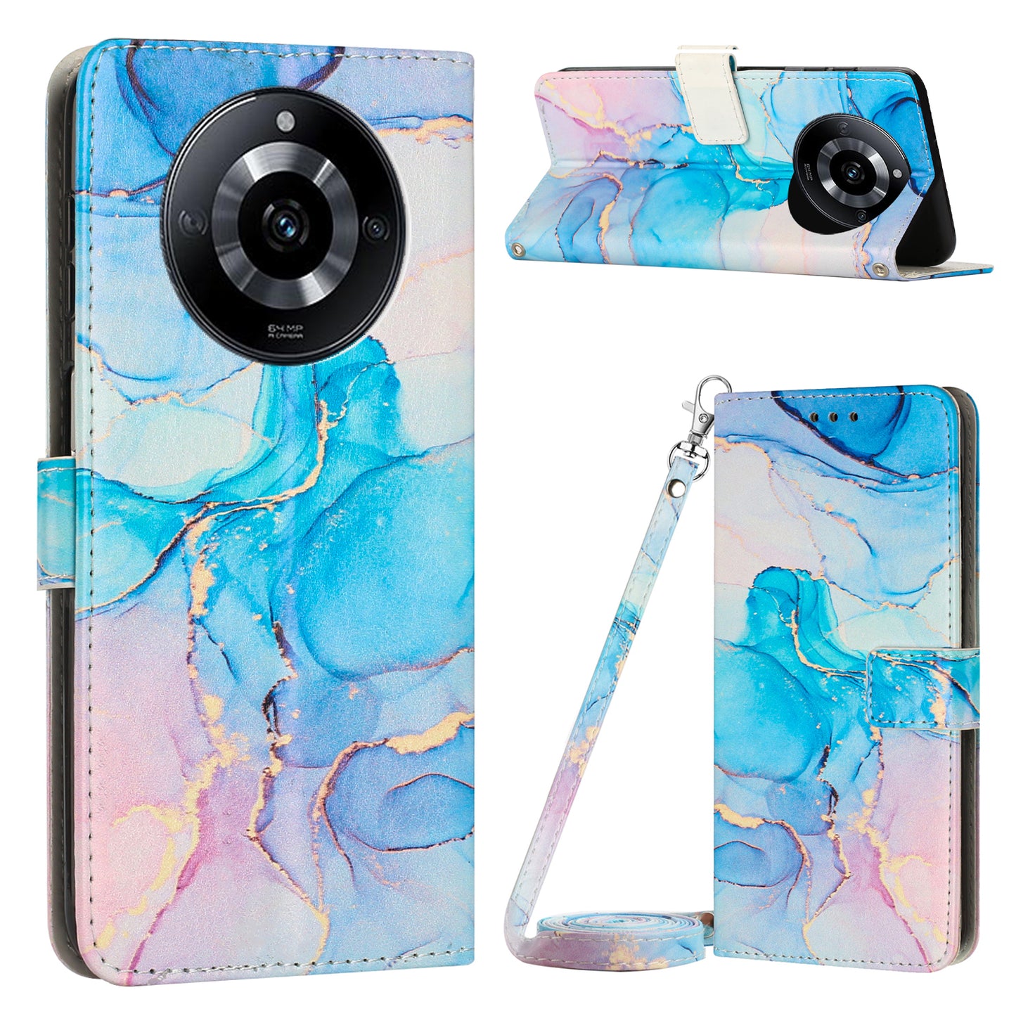 Leather Case for Realme 11 Pro 5G / 11 Pro+ 5G Marble Pattern Phone Wallet Stand Cover with Shoulder Strap - Pink / Green
