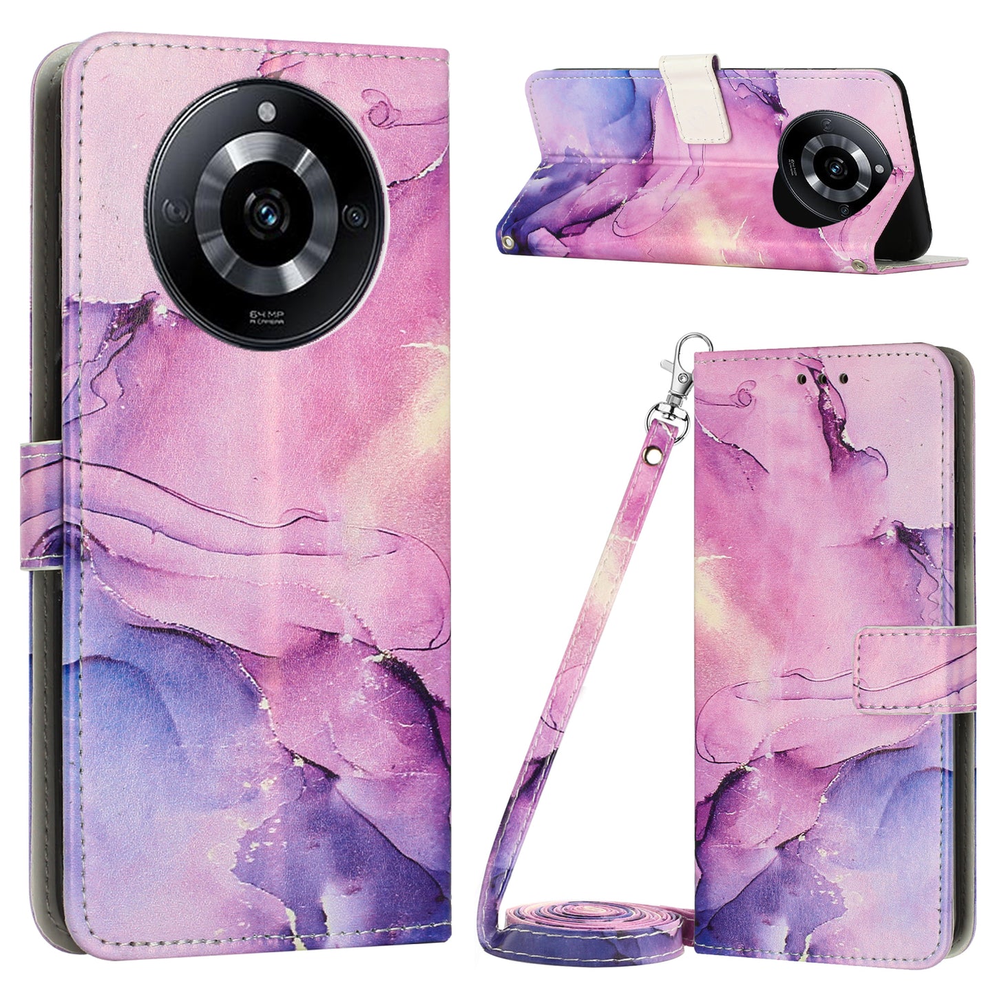 Leather Case for Realme 11 Pro 5G / 11 Pro+ 5G Marble Pattern Phone Wallet Stand Cover with Shoulder Strap - Purple