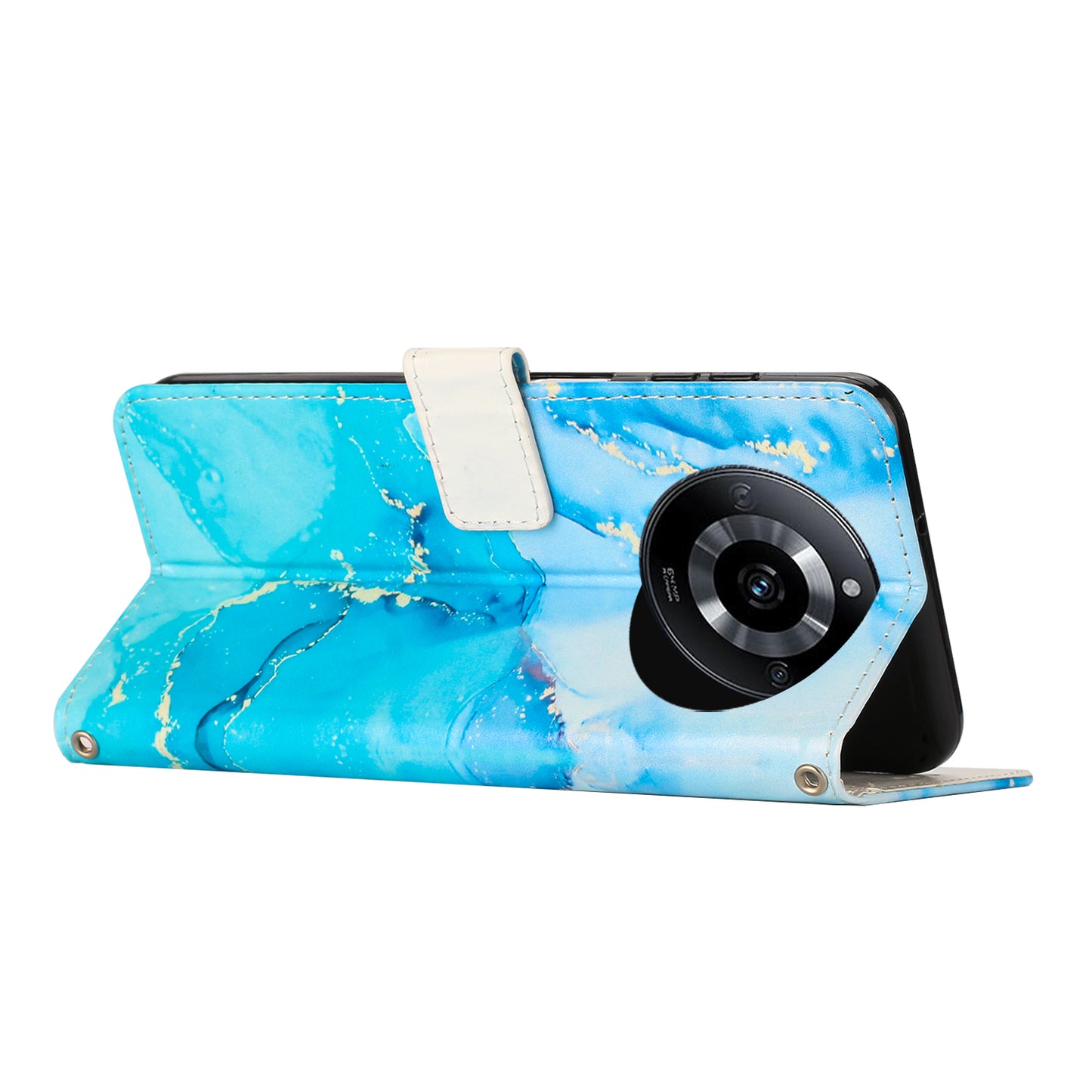 Leather Case for Realme 11 Pro 5G / 11 Pro+ 5G Marble Pattern Phone Wallet Stand Cover with Shoulder Strap - Blue / Green
