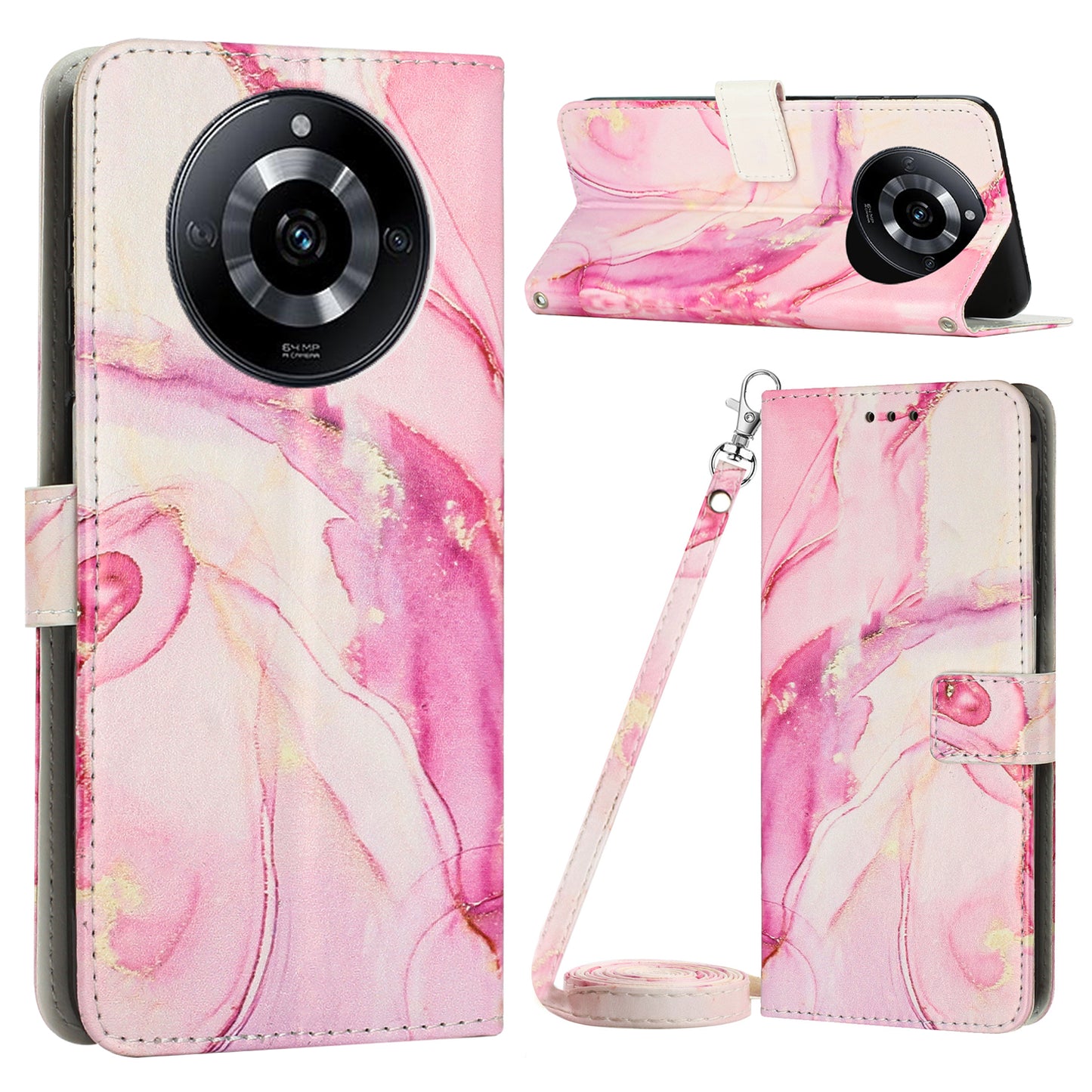 Leather Case for Realme 11 Pro 5G / 11 Pro+ 5G Marble Pattern Phone Wallet Stand Cover with Shoulder Strap - Rose Gold
