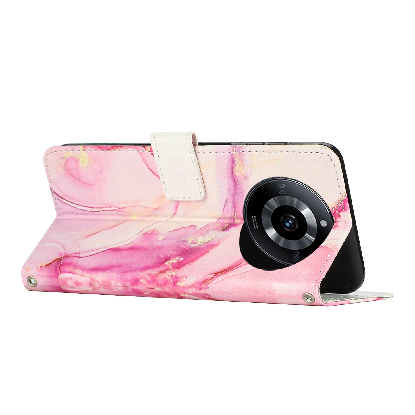 Leather Case for Realme 11 Pro 5G / 11 Pro+ 5G Marble Pattern Phone Wallet Stand Cover with Shoulder Strap - Rose Gold