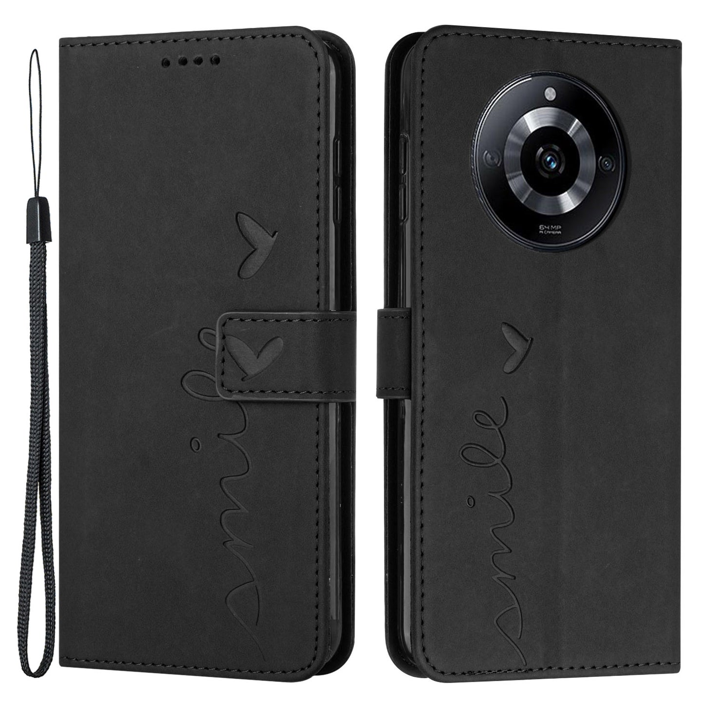 Uniqkart for Realme 11 Pro 5G / 11 Pro+ 5G Leather Phone Case Imprinted Heart Wallet Skin-touch Foldable Stand Cover - Black