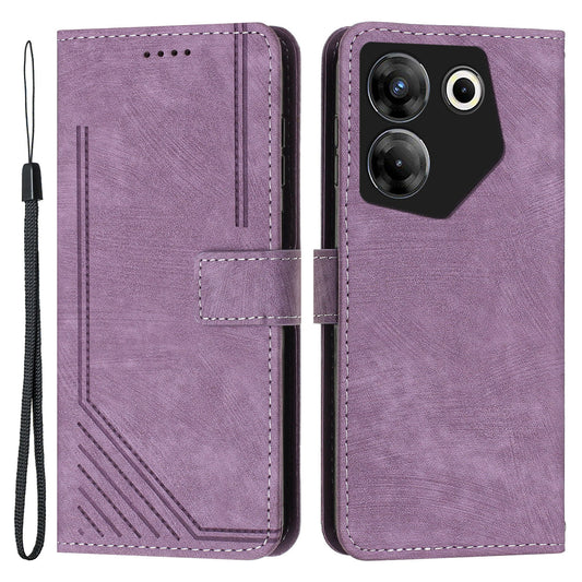 Stand Wallet for Tecno Camon 20 Pro 5G Skin-touch Imprinted Lines Flip Case PU Leather Phone Cover - Purple