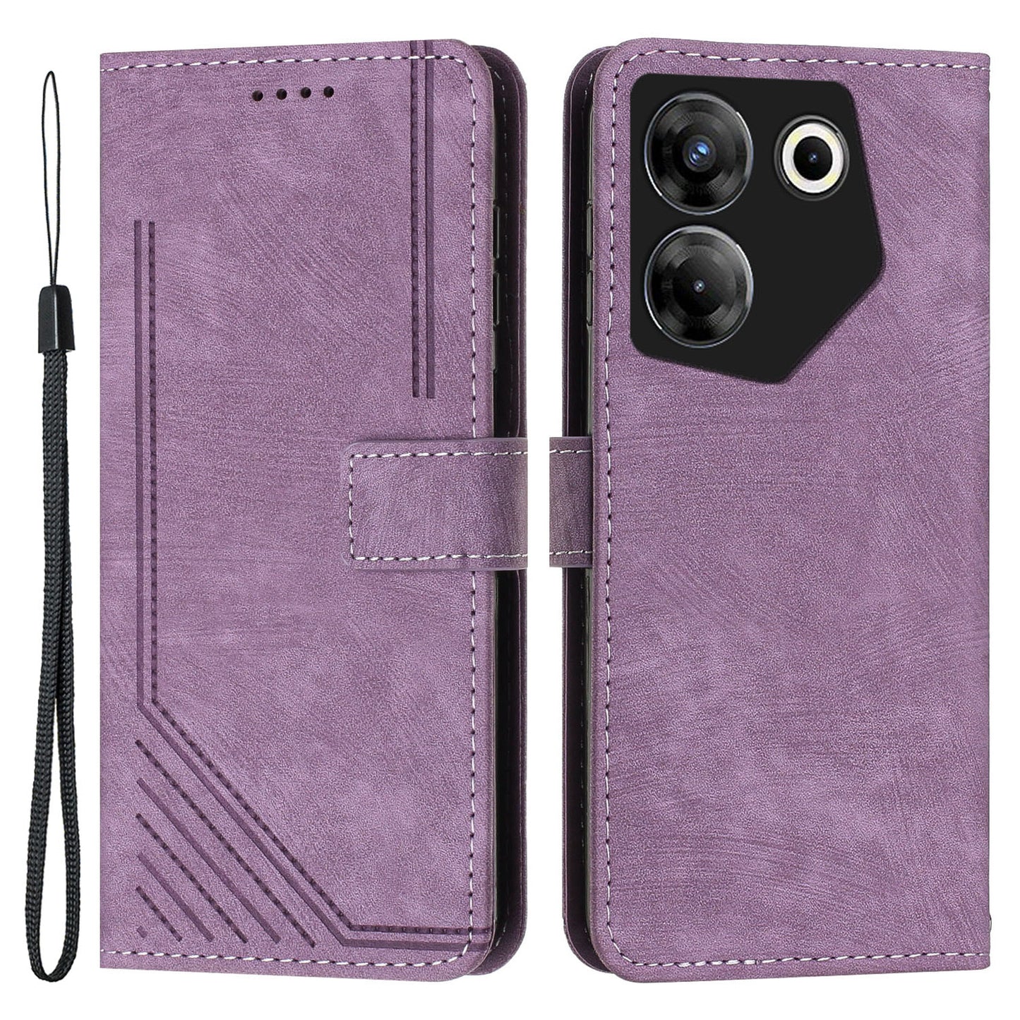 Stand Wallet for Tecno Camon 20 Pro 5G Skin-touch Imprinted Lines Flip Case PU Leather Phone Cover - Purple