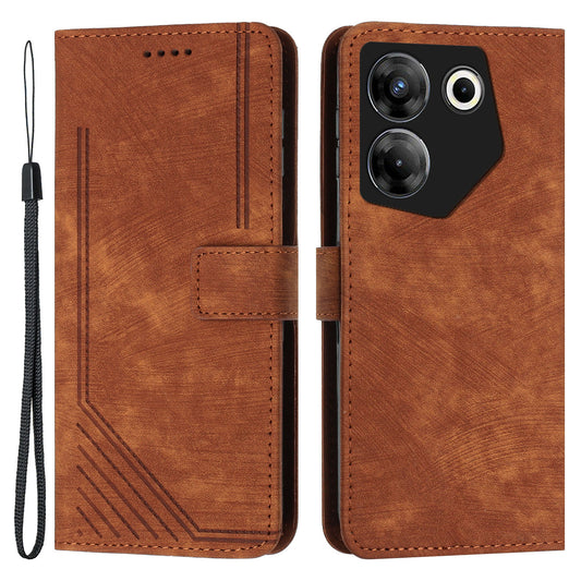Stand Wallet for Tecno Camon 20 Pro 5G Skin-touch Imprinted Lines Flip Case PU Leather Phone Cover - Brown