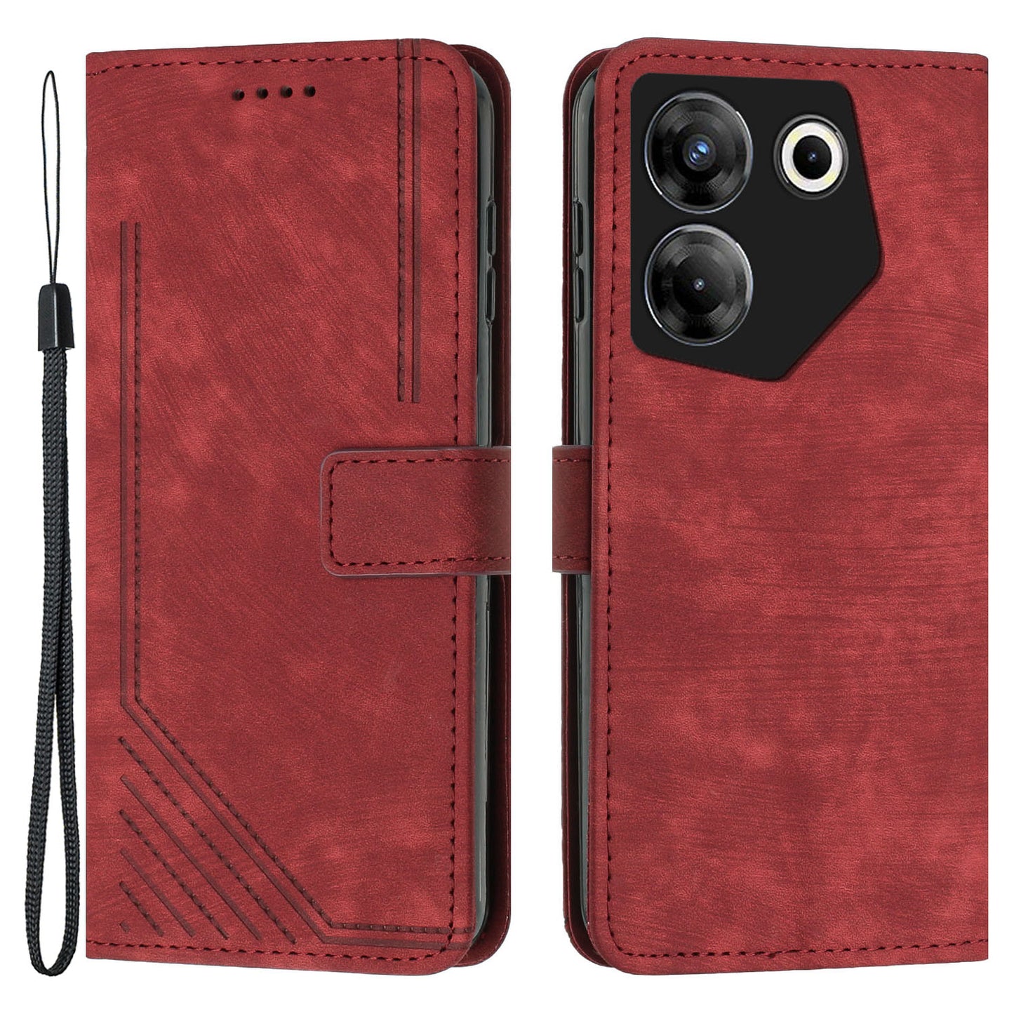 Stand Wallet for Tecno Camon 20 Pro 5G Skin-touch Imprinted Lines Flip Case PU Leather Phone Cover - Red