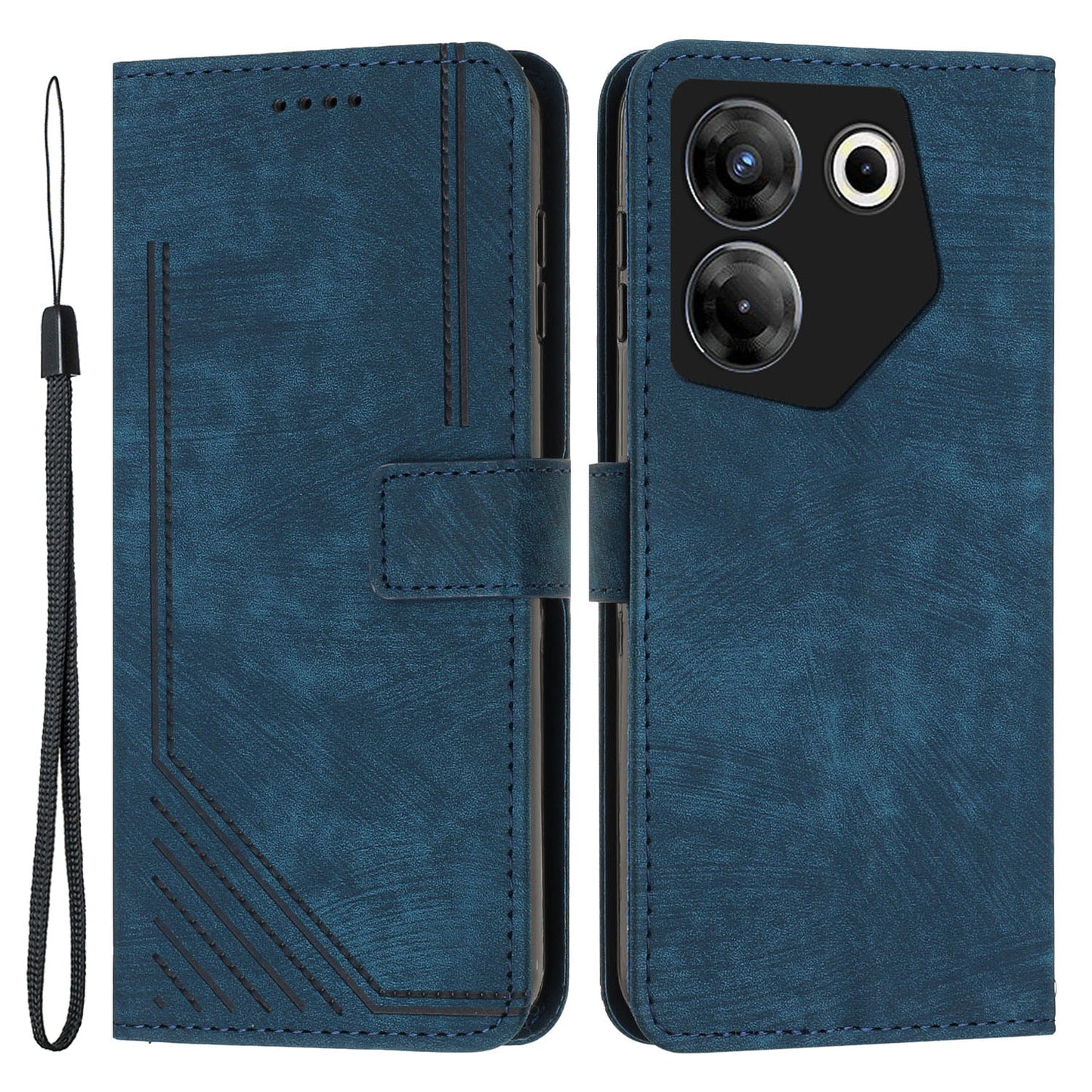 Stand Wallet for Tecno Camon 20 Pro 5G Skin-touch Imprinted Lines Flip Case PU Leather Phone Cover - Sapphire