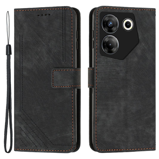 Stand Wallet for Tecno Camon 20 Pro 5G Skin-touch Imprinted Lines Flip Case PU Leather Phone Cover - Black