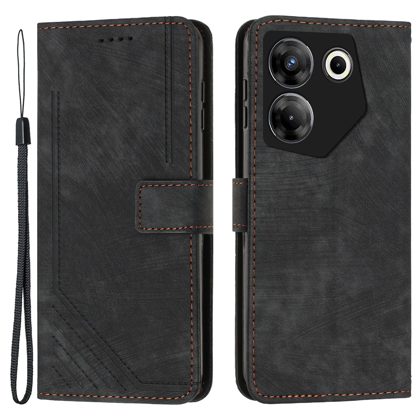 Stand Wallet for Tecno Camon 20 Pro 5G Skin-touch Imprinted Lines Flip Case PU Leather Phone Cover - Black