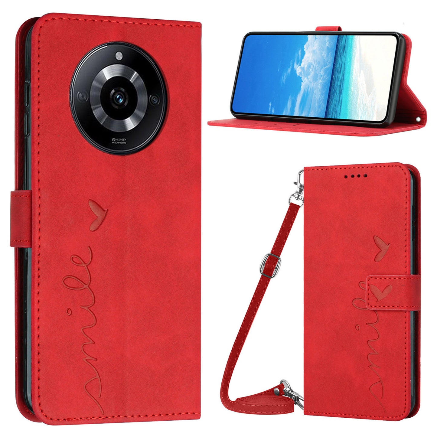 Uniqkart for Realme 11 5G Anti-scratch PU Leather Stand Case Heart Shape Wallet Phone Cover with Shoulder Strap - Red