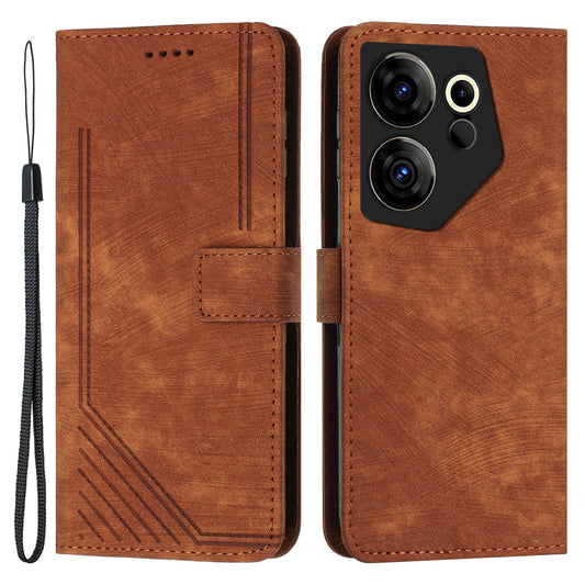 Stand Wallet for Tecno Camon 20 Premier 5G Skin-touch Imprinted Lines Case Phone Leather Cover - Brown