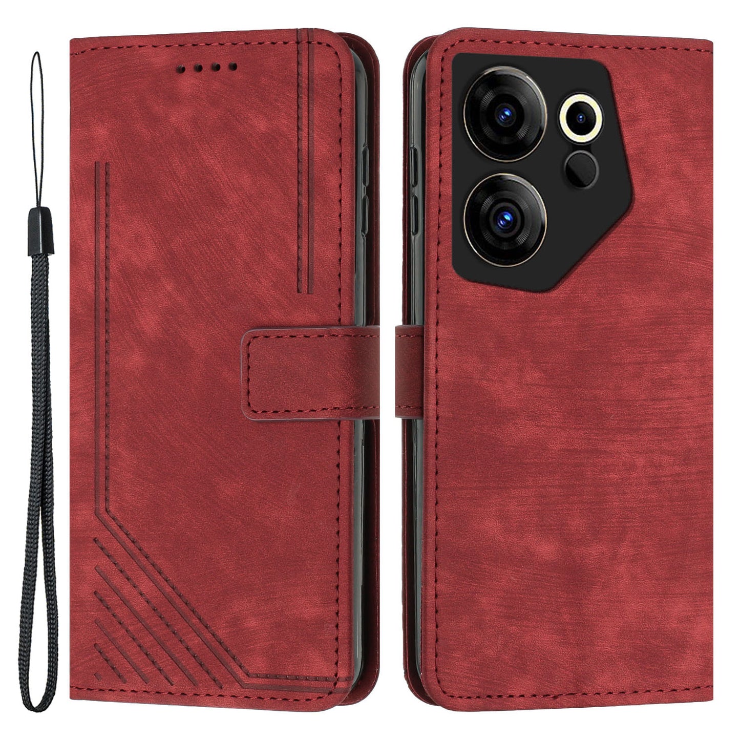 Stand Wallet for Tecno Camon 20 Premier 5G Skin-touch Imprinted Lines Case Phone Leather Cover - Red