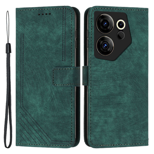 Stand Wallet for Tecno Camon 20 Premier 5G Skin-touch Imprinted Lines Case Phone Leather Cover - Green