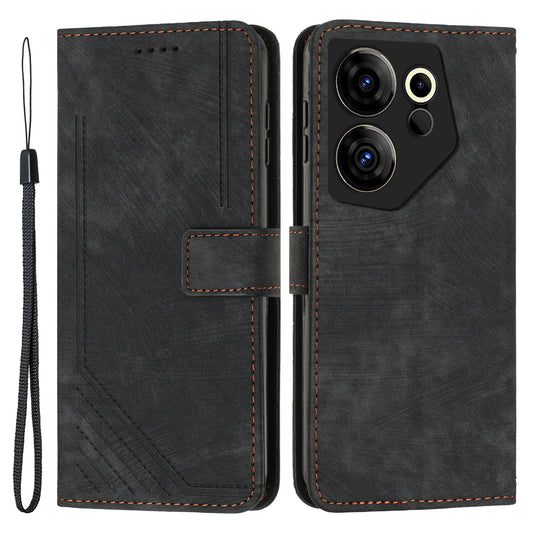Stand Wallet for Tecno Camon 20 Premier 5G Skin-touch Imprinted Lines Case Phone Leather Cover - Black