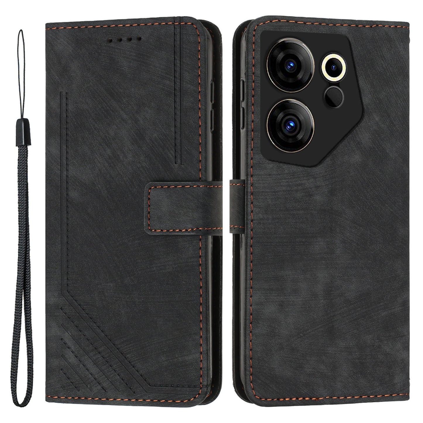 Stand Wallet for Tecno Camon 20 Premier 5G Skin-touch Imprinted Lines Case Phone Leather Cover - Black