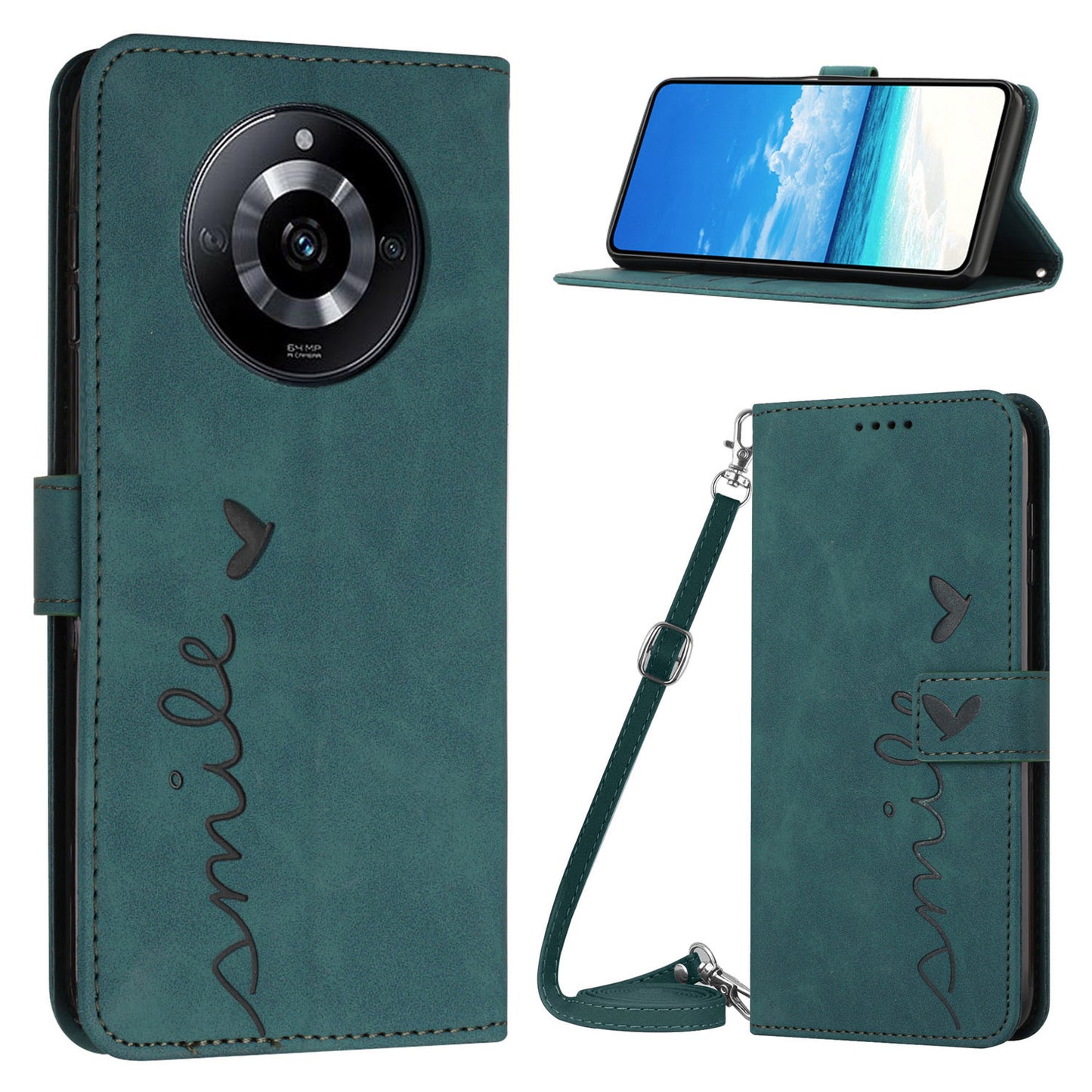 Stand Case for Realme 11 Pro 5G / 11 Pro+ 5G PU Leather Heart Shape Wallet Phone Cover with Shoulder Strap - Green