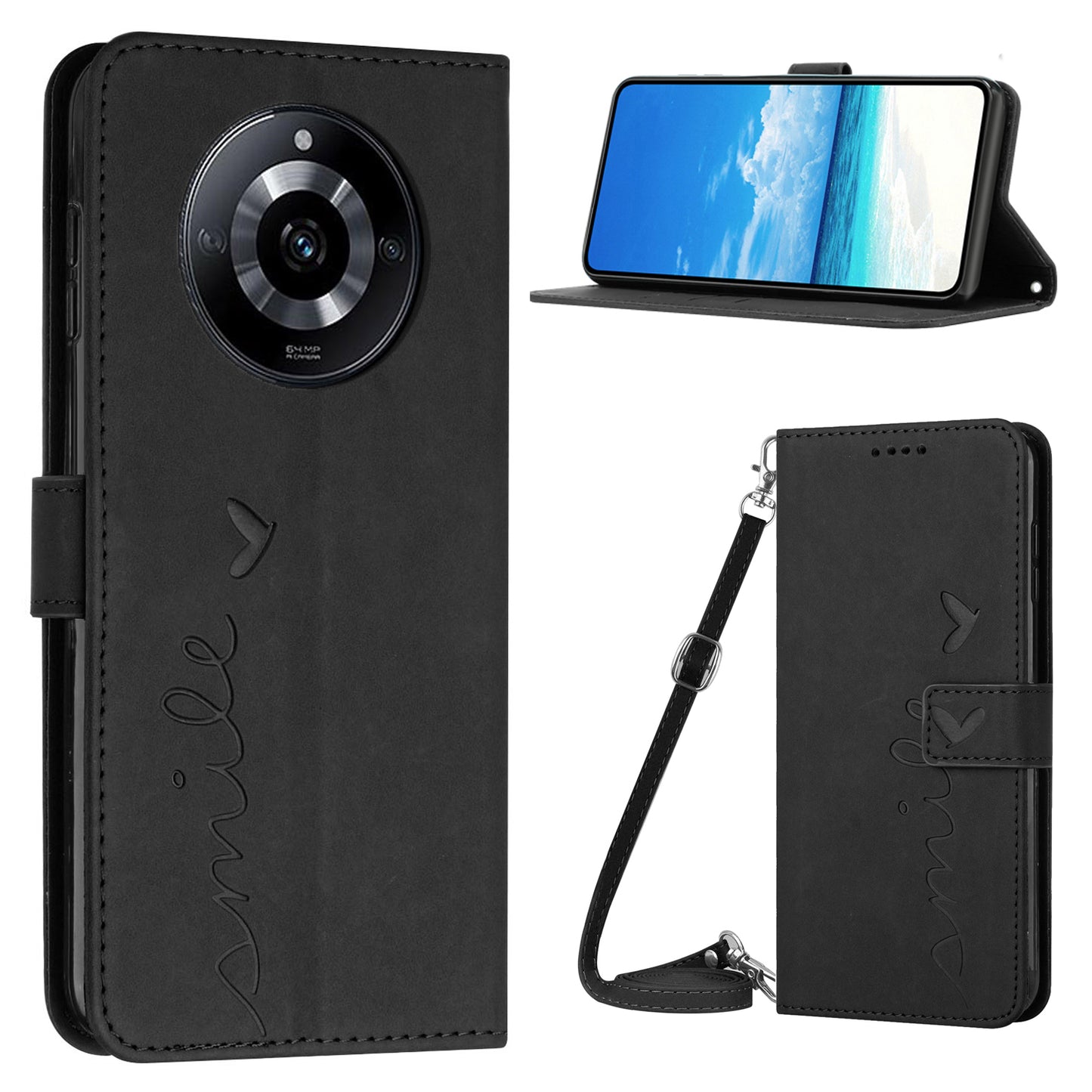 Stand Case for Realme 11 Pro 5G / 11 Pro+ 5G PU Leather Heart Shape Wallet Phone Cover with Shoulder Strap - Black