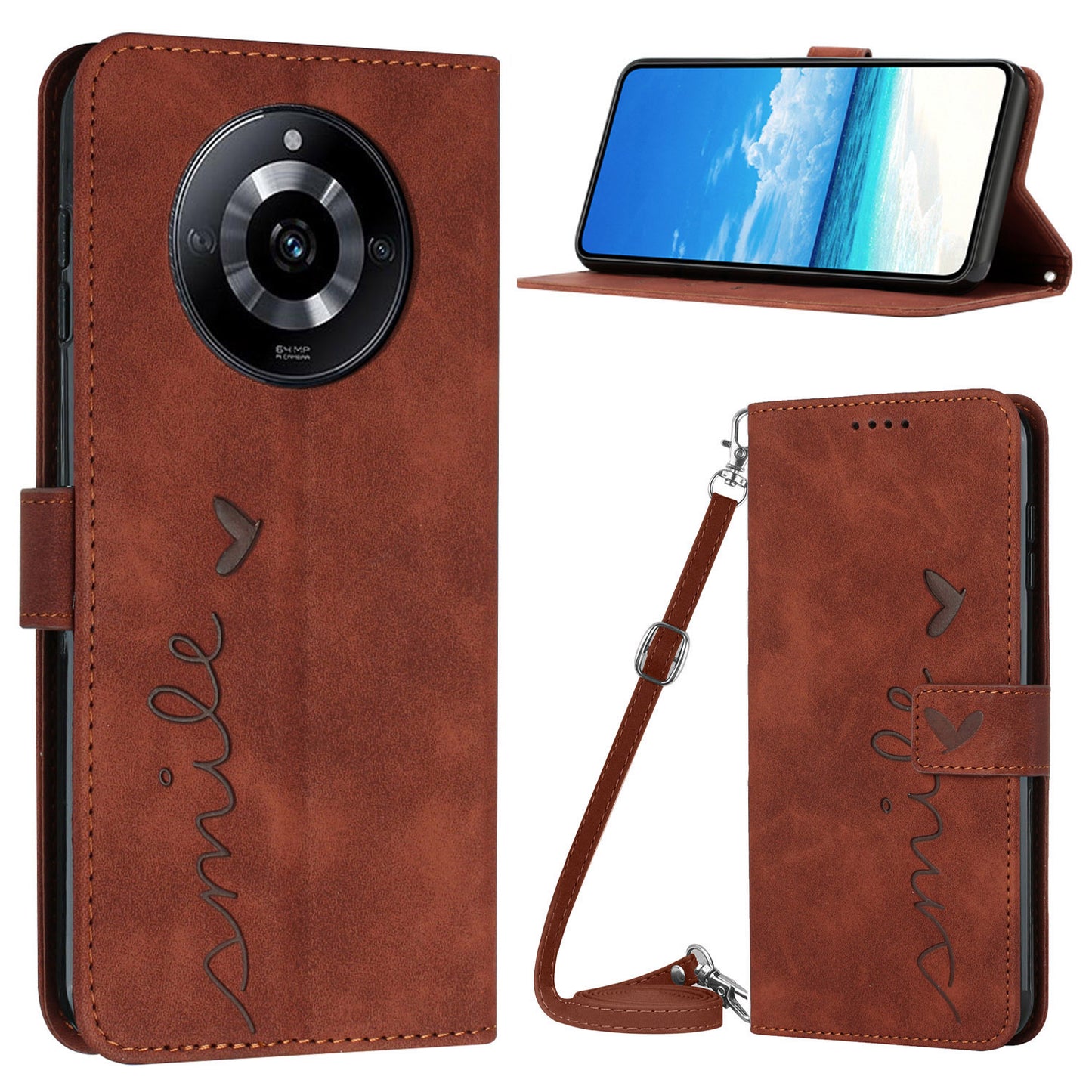 Stand Case for Realme 11 Pro 5G / 11 Pro+ 5G PU Leather Heart Shape Wallet Phone Cover with Shoulder Strap - Brown