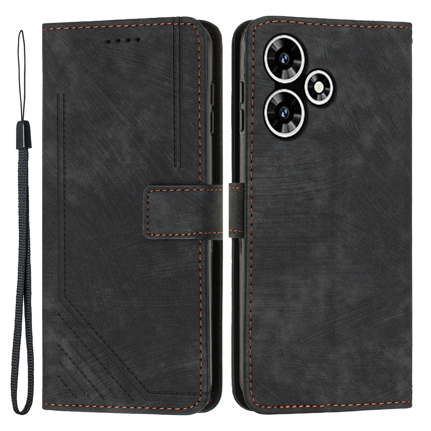 Stand Wallet for Infinix Hot 30 Skin-touch Imprinted Lines Case Phone Leather Anti-drop Cover - Black