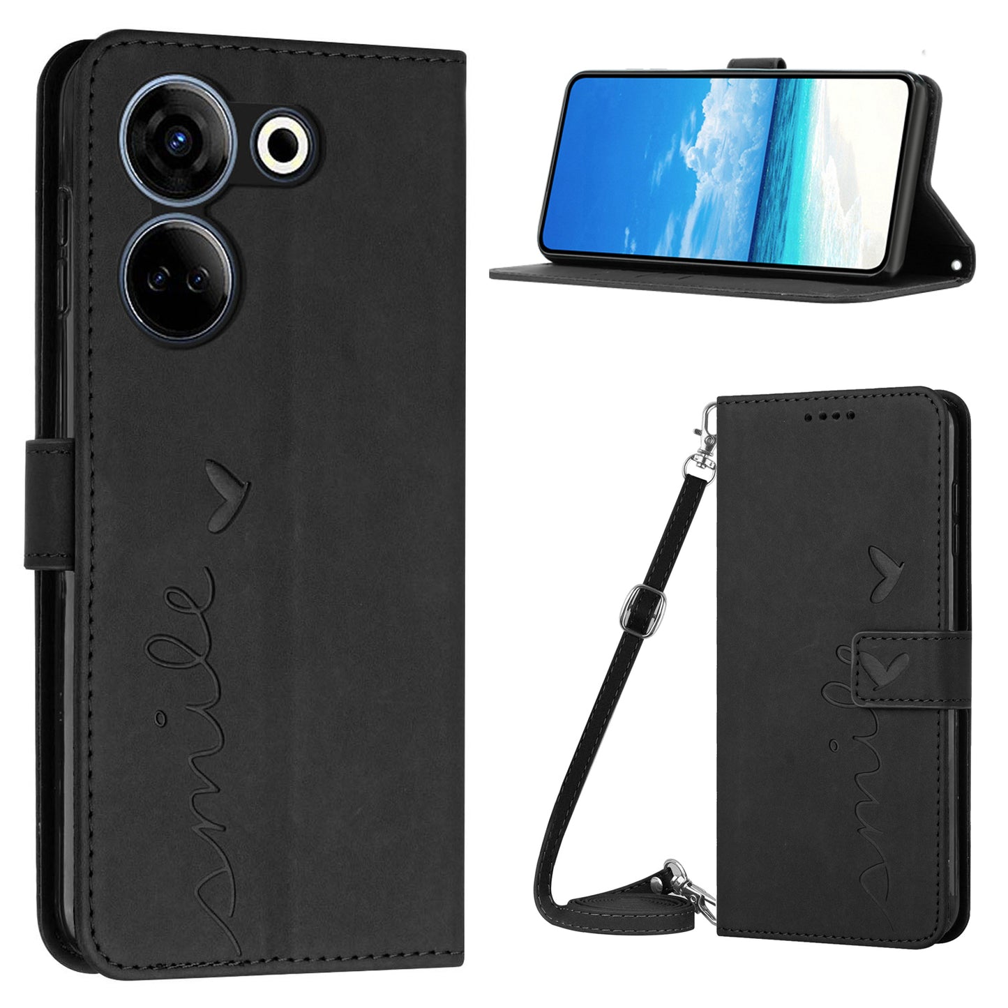 Flip Case for Tecno Camon 20 4G / 20 Pro 4G PU Leather Heart Shape Wallet Stand Phone Cover with Shoulder Strap - Black