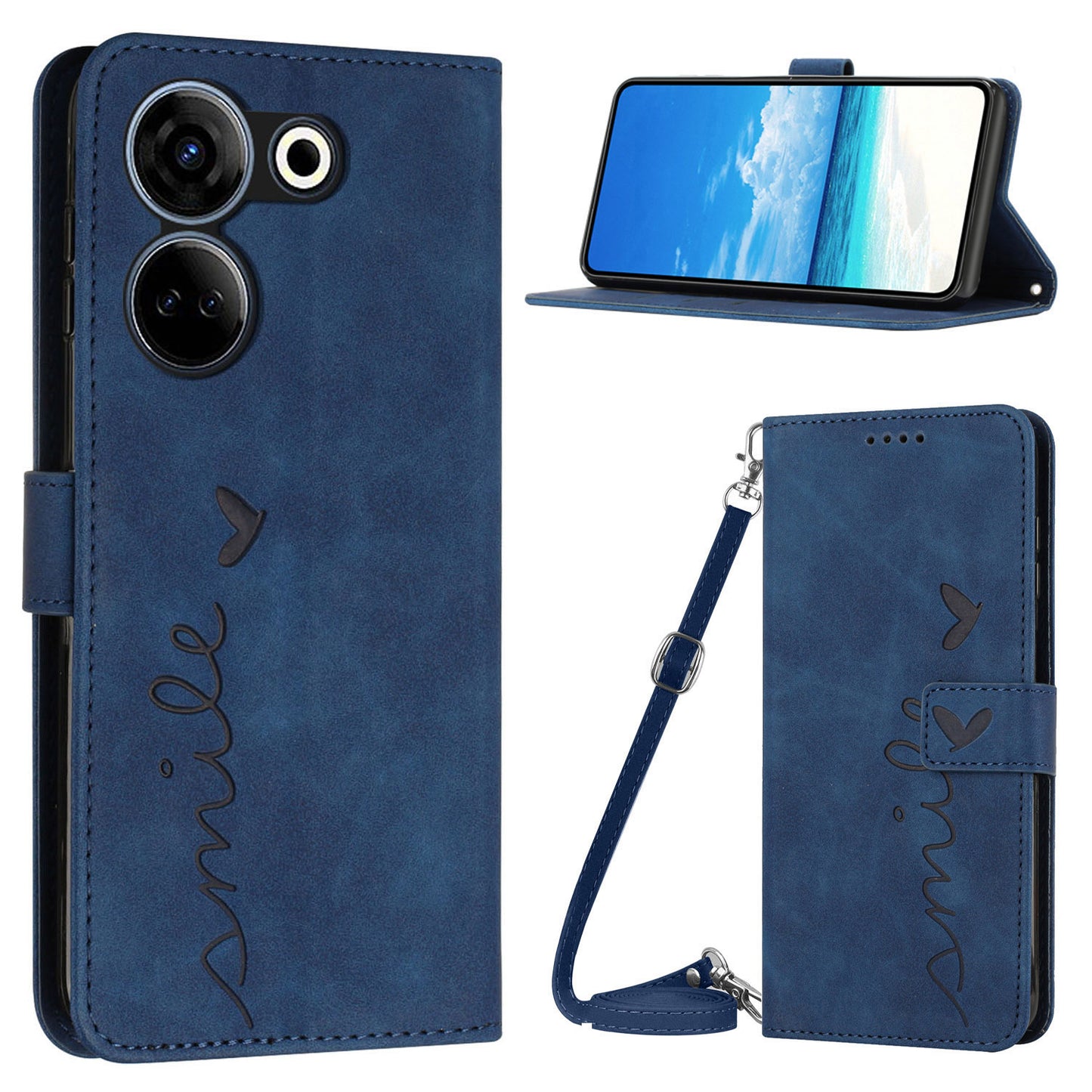 Flip Case for Tecno Camon 20 4G / 20 Pro 4G PU Leather Heart Shape Wallet Stand Phone Cover with Shoulder Strap - Sapphire