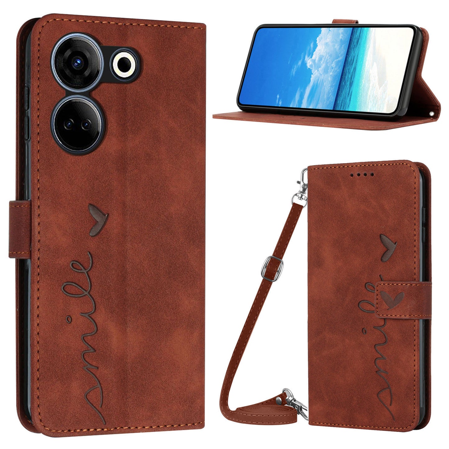 Flip Case for Tecno Camon 20 4G / 20 Pro 4G PU Leather Heart Shape Wallet Stand Phone Cover with Shoulder Strap - Brown