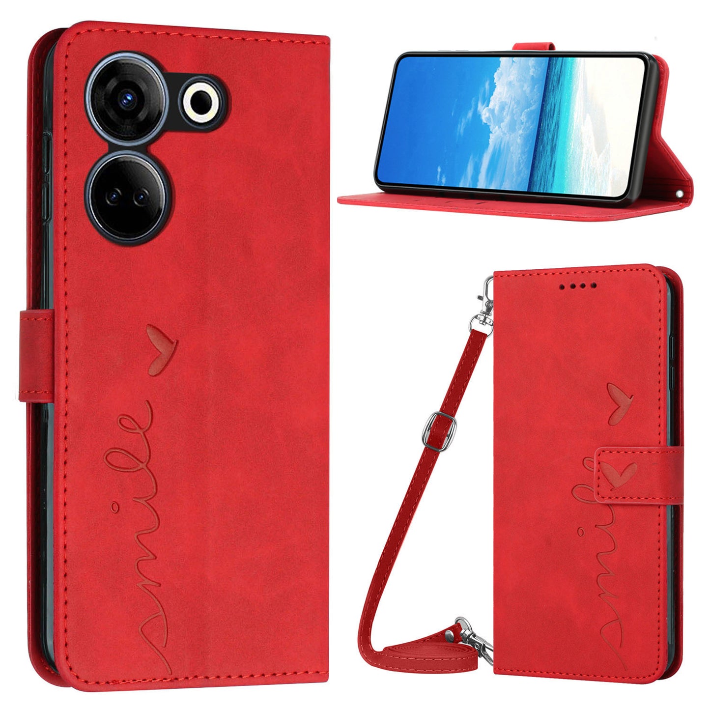 Flip Case for Tecno Camon 20 4G / 20 Pro 4G PU Leather Heart Shape Wallet Stand Phone Cover with Shoulder Strap - Red