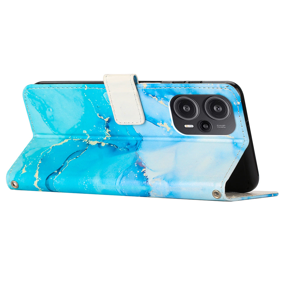 Marble Pattern Cover for Xiaomi Redmi Note 12 Turbo / Poco F5 5G , PU Leather Stand Wallet Phone Case with Wrist Strap - Blue / Green