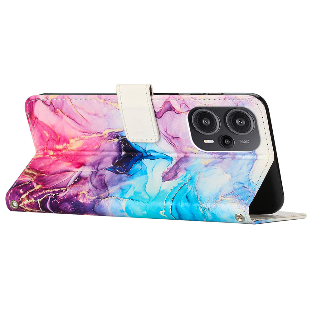 Marble Pattern Cover for Xiaomi Redmi Note 12 Turbo / Poco F5 5G , PU Leather Stand Wallet Phone Case with Wrist Strap - Pink / Purple