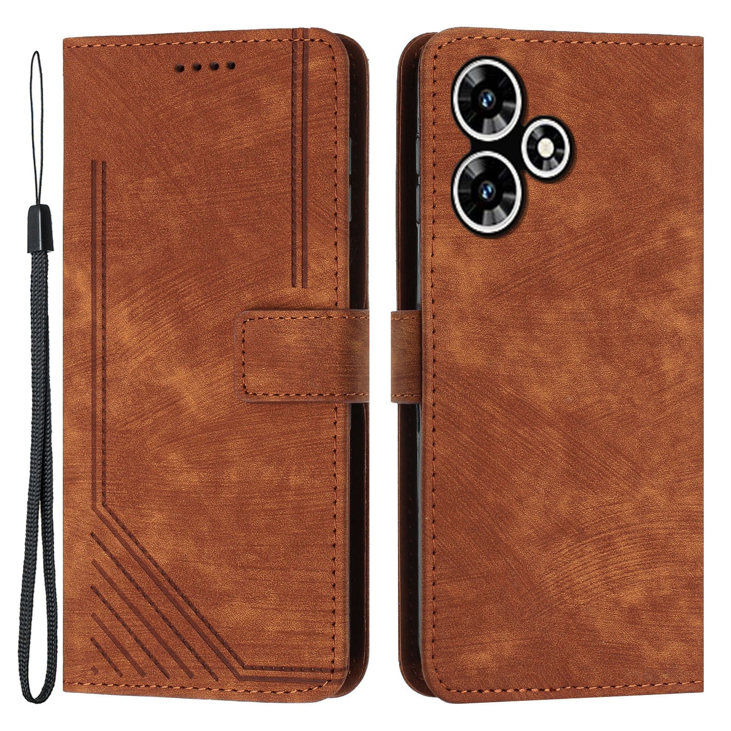 Uniqkart for Infinix Hot 30 Play NFC 4G Stand Wallet PU Leather Case Imprinted Lines Skin-touch Phone Cover - Brown