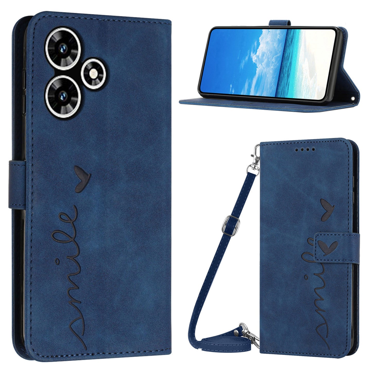 Wallet PU Leather Case for Infinix Hot 30 , Heart Shape Phone Stand Cover with Shoulder Strap - Sapphire