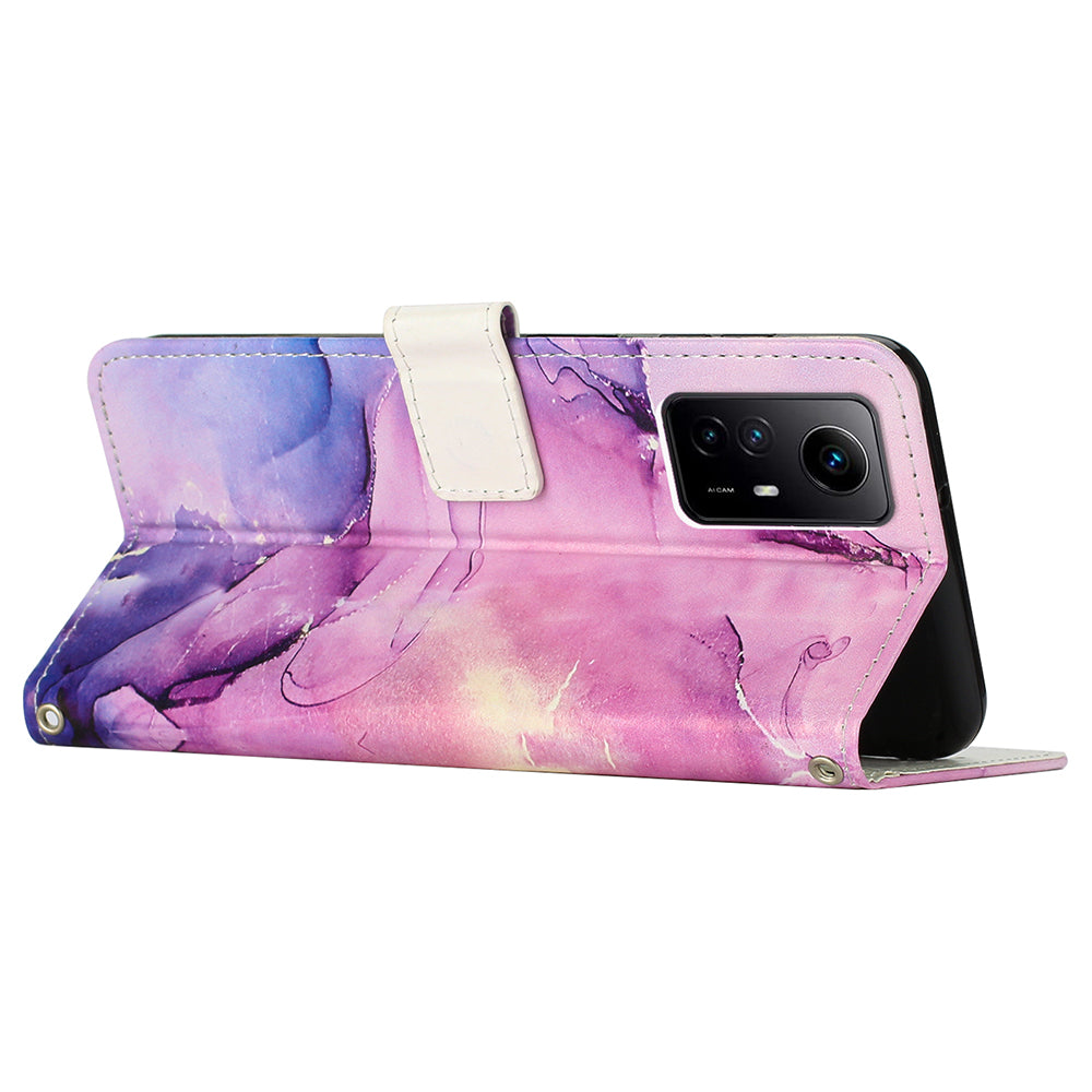 Uniqkart for Xiaomi Redmi Note 12S 4G Marble Pattern Wallet Case PU Leather Stand Phone Cover with Wrist Strap - Purple