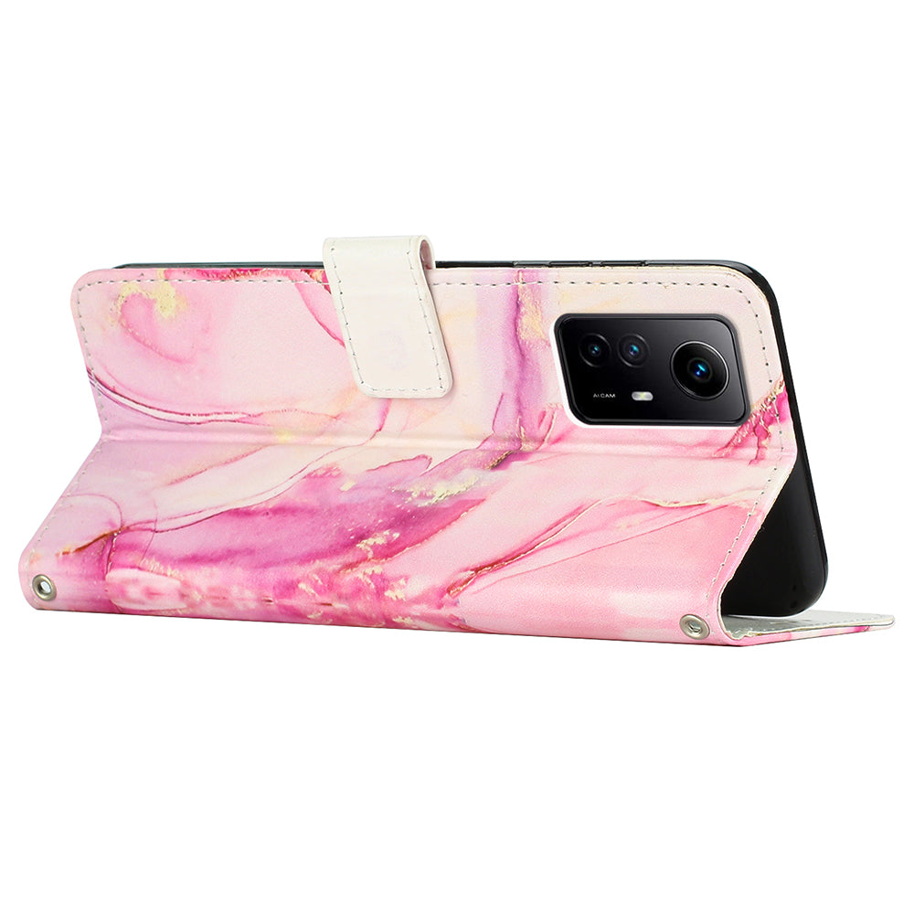Uniqkart for Xiaomi Redmi Note 12S 4G Marble Pattern Wallet Case PU Leather Stand Phone Cover with Wrist Strap - Rose Gold