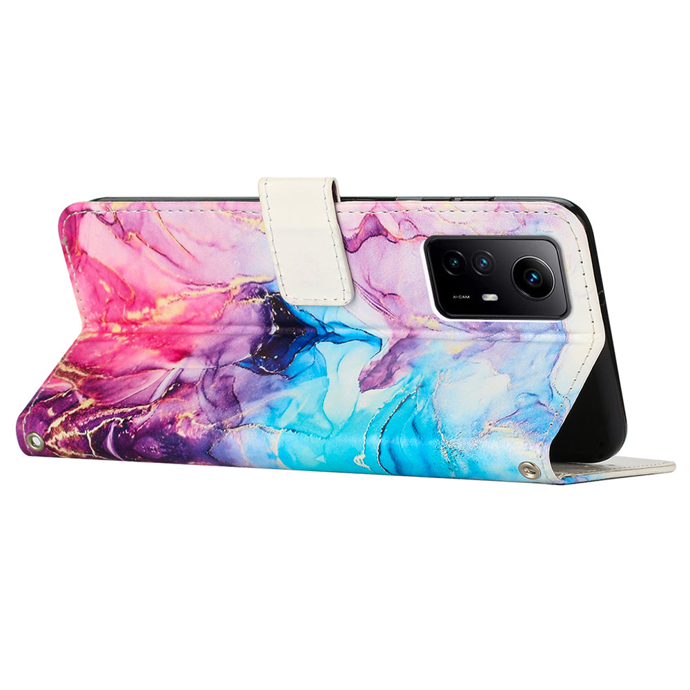 Uniqkart for Xiaomi Redmi Note 12S 4G Marble Pattern Wallet Case PU Leather Stand Phone Cover with Wrist Strap - Pink / Purple