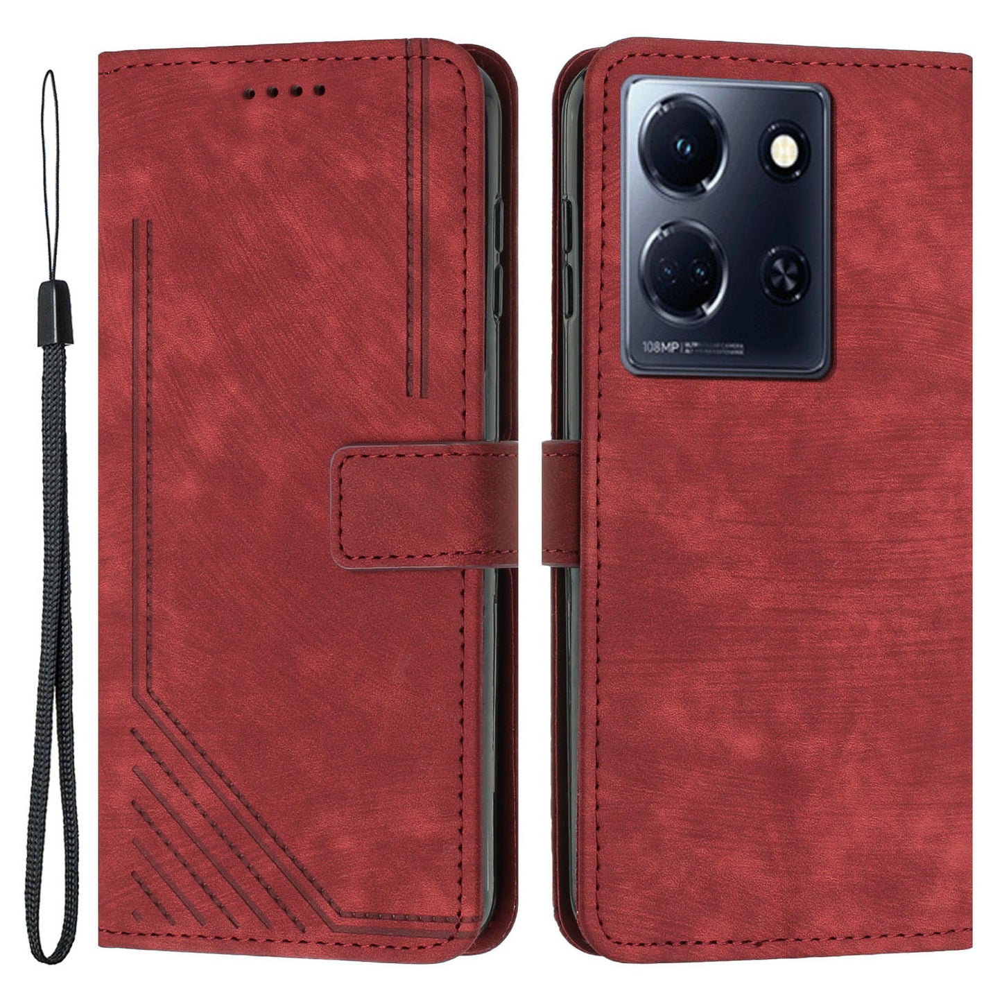 Uniqkart for Infinix Note 30 4G / 5G Imprinted Lines PU Leather Case Skin-touch Stand Wallet Phone Cover - Red