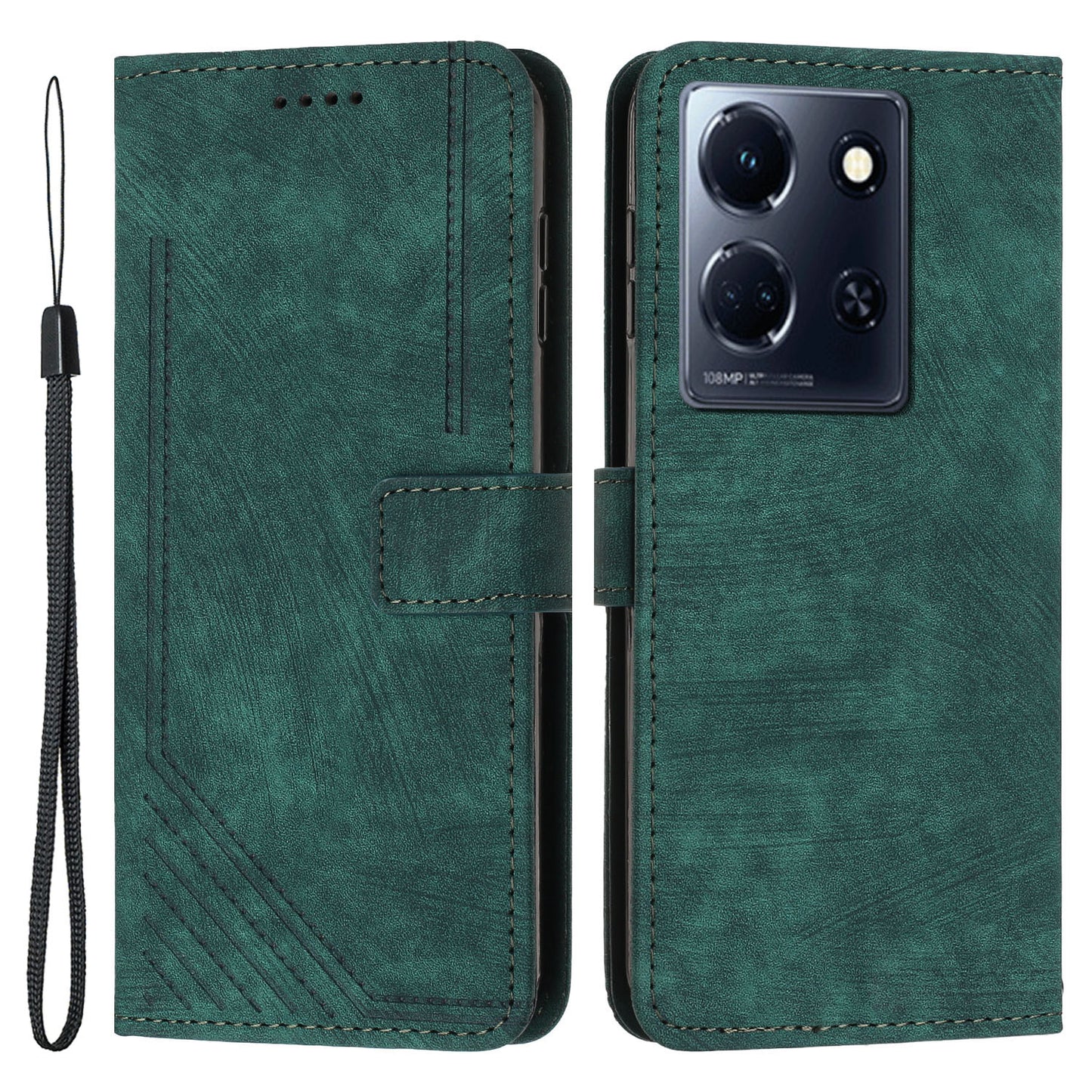Uniqkart for Infinix Note 30 4G / 5G Imprinted Lines PU Leather Case Skin-touch Stand Wallet Phone Cover - Green