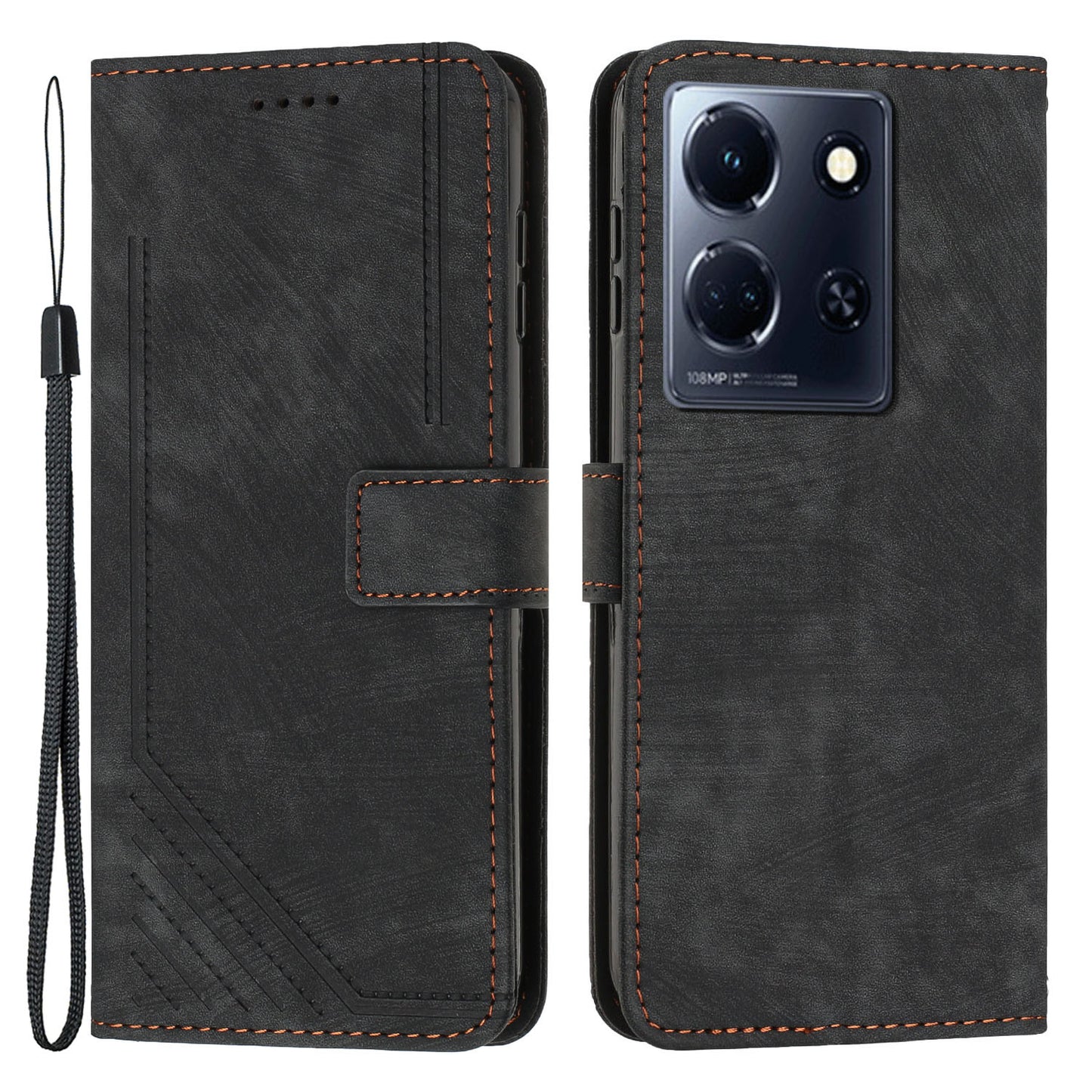 Uniqkart for Infinix Note 30 4G / 5G Imprinted Lines PU Leather Case Skin-touch Stand Wallet Phone Cover - Black