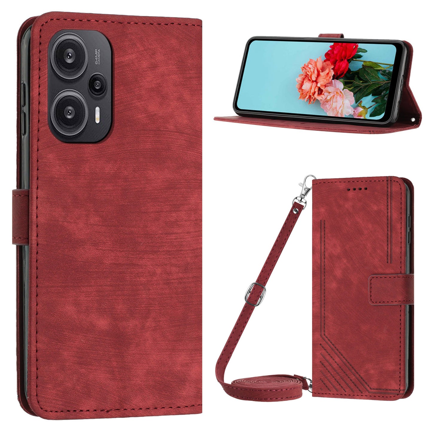 Uniqkart for Xiaomi Redmi Note 12 Turbo / Poco F5 5G Wallet PU Leather Phone Cover Stand Case with Shoulder Strap - Red