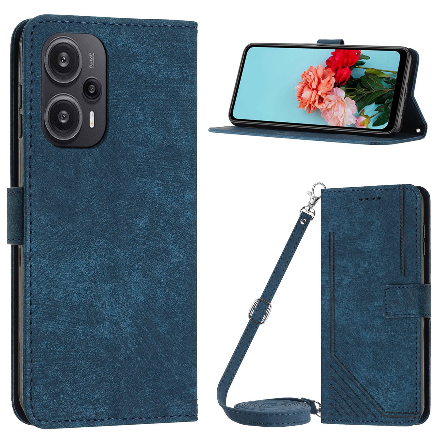 Uniqkart for Xiaomi Redmi Note 12 Turbo / Poco F5 5G Wallet PU Leather Phone Cover Stand Case with Shoulder Strap - Sapphire