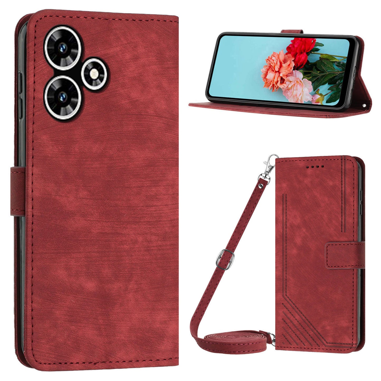Uniqkart for Infinix Hot 30 Play NFC 4G Stand Wallet Phone Case PU Leather Lines Imprinted Cover with Shoulder Strap - Red