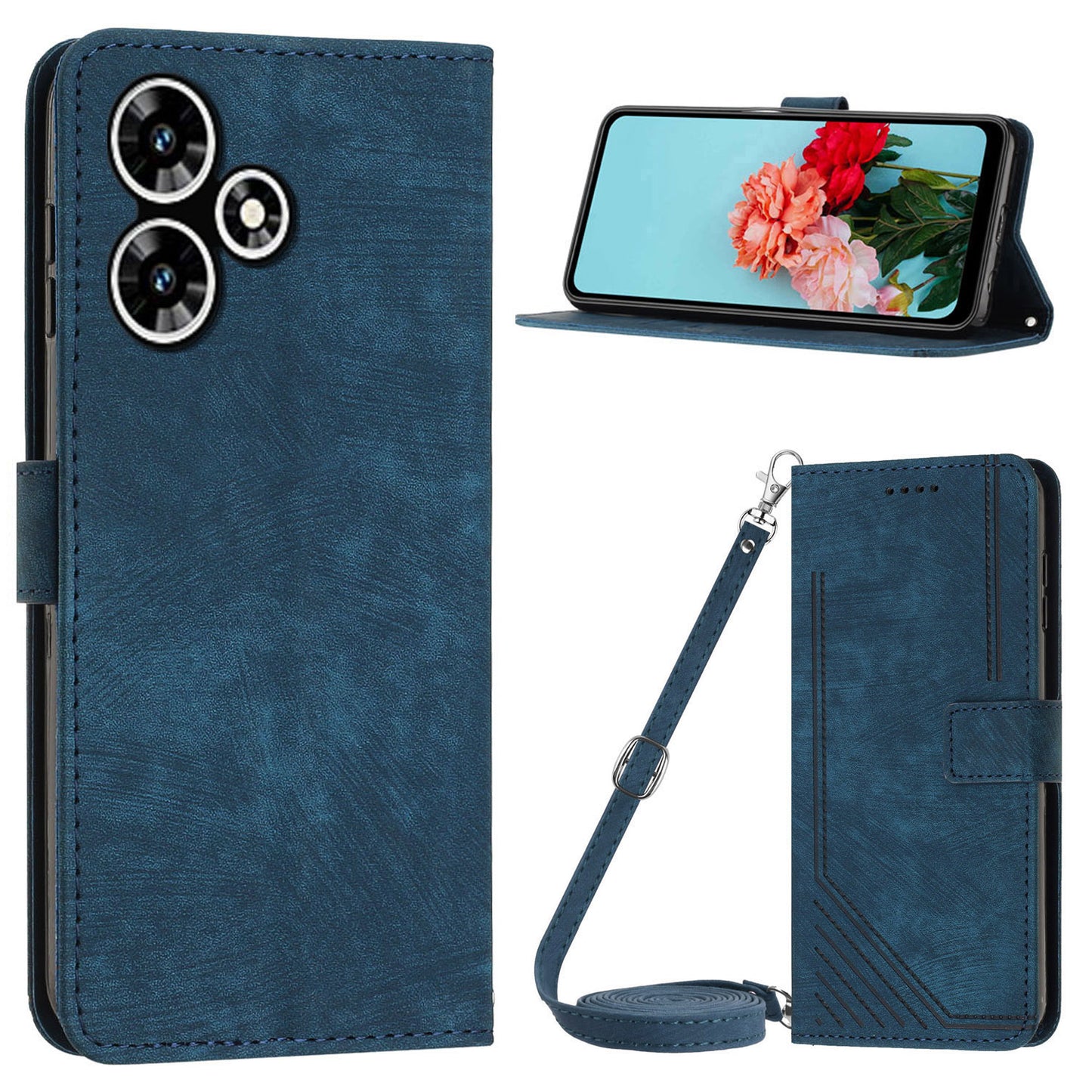 Uniqkart for Infinix Hot 30 Play NFC 4G Stand Wallet Phone Case PU Leather Lines Imprinted Cover with Shoulder Strap - Sapphire