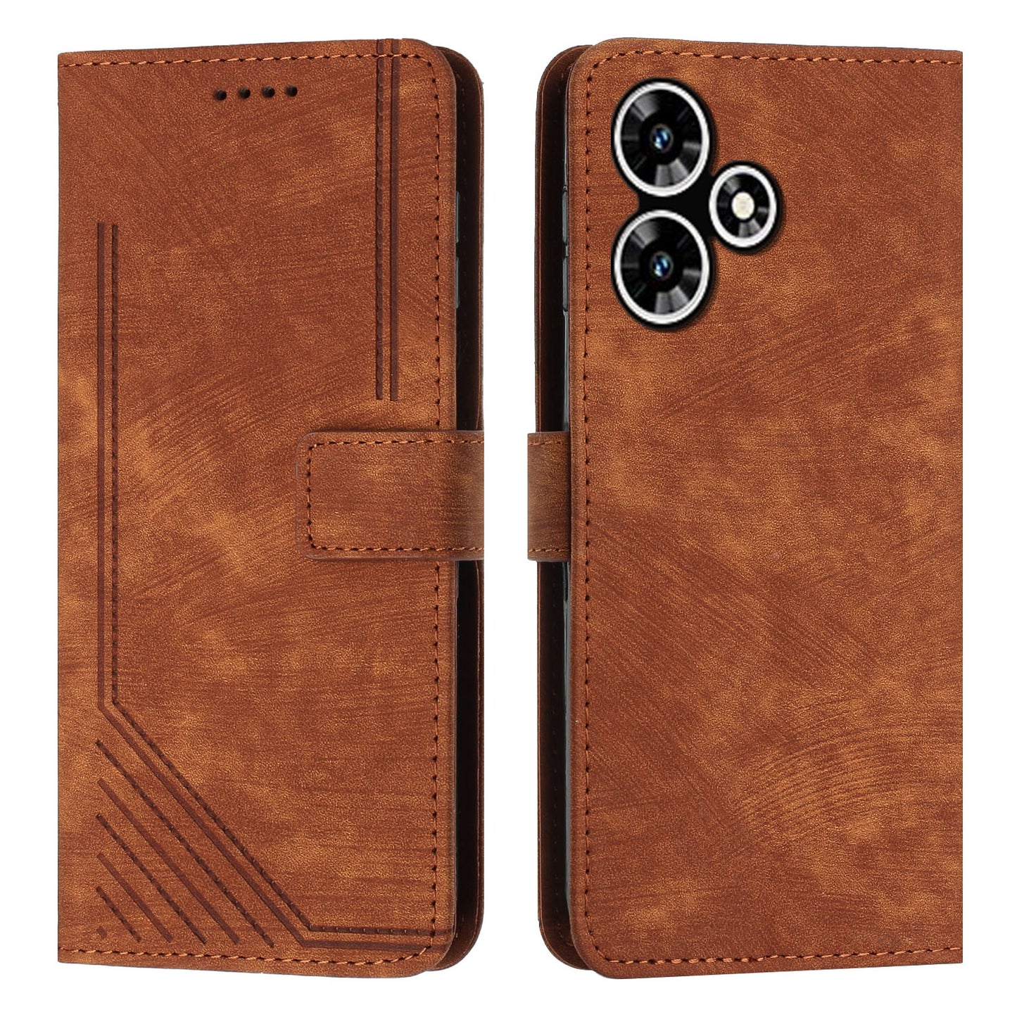 Uniqkart for Infinix Hot 30 Play NFC 4G Stand Wallet Phone Case PU Leather Lines Imprinted Cover with Shoulder Strap - Brown