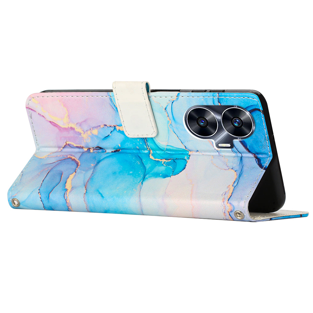 Uniqkart for Realme C55 PU Leather Marble Pattern Case Wallet Stand Flip Phone Cover with Wrist Strap - Pink / Green