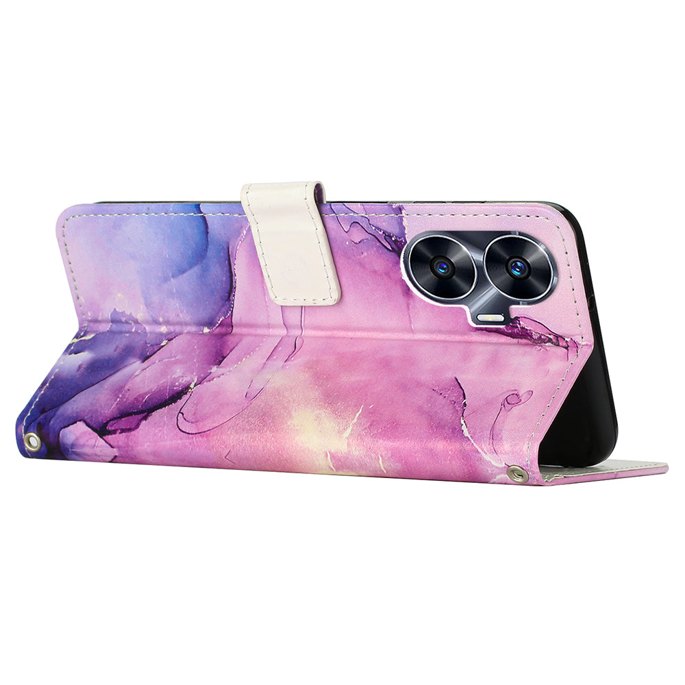 Uniqkart for Realme C55 PU Leather Marble Pattern Case Wallet Stand Flip Phone Cover with Wrist Strap - Purple