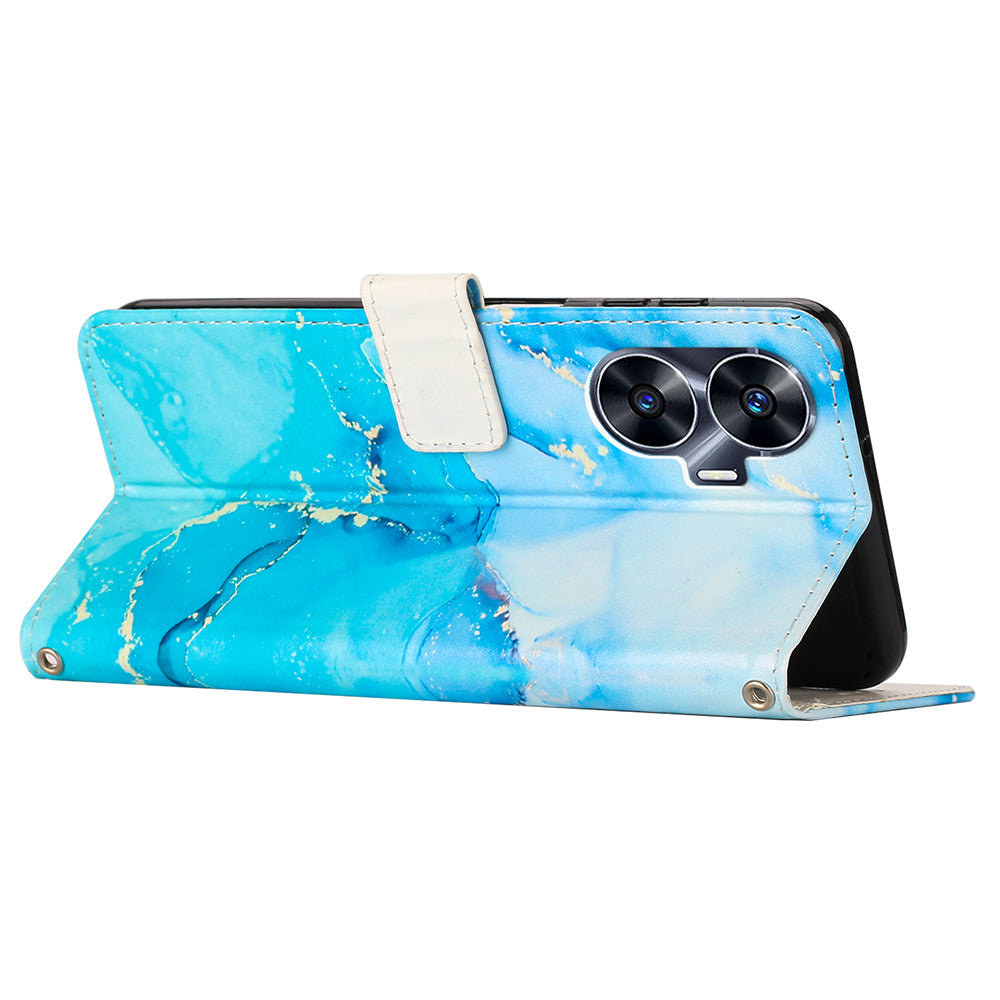 Uniqkart for Realme C55 PU Leather Marble Pattern Case Wallet Stand Flip Phone Cover with Wrist Strap - Blue / Green